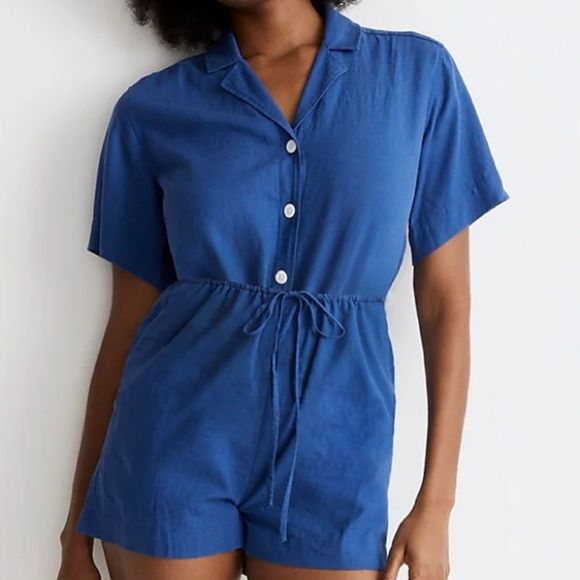 Madewell NWT Button Front Linen Romper Size XL in Bluestone - Picture 1 of 8